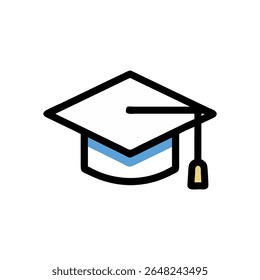 A flat style graphic of a graduation cap icon. Features simple clean lines and a minimalist design on black.