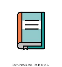 Um ícone gráfico de estilo plano com um livro com um indicador. Composição simplificada para uso versátil.
