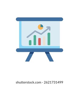 Flat style graphic illustrating financial growth with bar chart and upward arrow. Displayed on presentation screen with pie chart above.