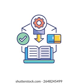 Flat style graphic illustration with colorful scheme showcasing system integration and workflow automation pointing towards open book with information access.