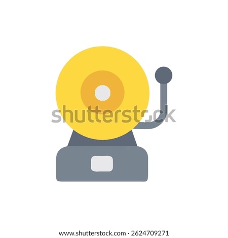 Flat style graphic illustration featuring a yellow alarm bell with a gray base. Isolated over a White Background.