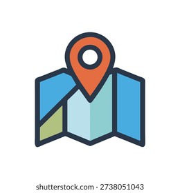 Flat style graphic illustration of an open map with a location pin. The style is simple and modern.