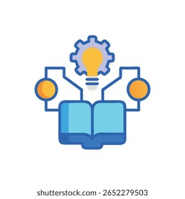 Ilustração gráfica em estilo plano mostrando um livro conectado a ideias via rede. Simboliza a criação de conhecimento e o pensamento inovador.