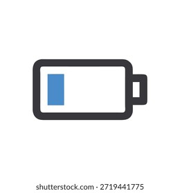 Gráfico de estilo plano de un icono de batería baja que indica escasez de energía. Composición simple con diseño mínimo y presentación clara.