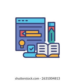 Flat style graphic presents an online learning concept with book and pencil. Emphasizes knowledge and study in digital environment.
