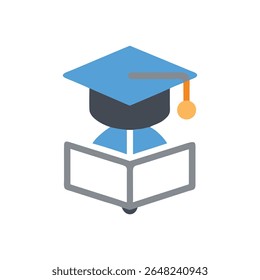 Gráfico de estilo plano que muestra un gorro de graduación colocado encima de un libro abierto. Aislado sobre fondo blanco.