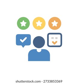 Flat style graphic of survey feedback with stars above a stylized person icon surrounded by feedback symbols on a White Background