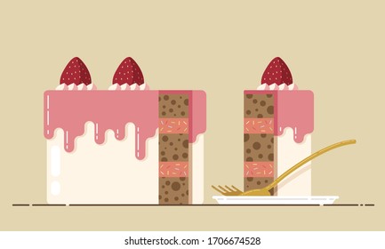 Flat Style Graphic Vector Of A Piece Of Cake On A Plate With Yellow Gold Fork. Ready To Eat Cake. Pink Cream Layer Cake Topped With Strawberry And Cream. Strawberry Shortcake.