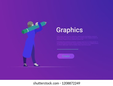 Flat style graphics design vector banner template illustration. Woman designer artist holding huge pencil.