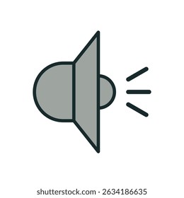 Icono de altavoz gris de estilo plano con ondas de sonido que emana hacia la derecha sobre fondo blanco limpio
