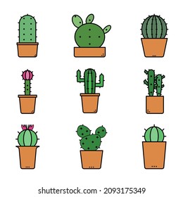 Flat style green cactus in brown ceramic pot. Vector green cactus icon isolated on white background. Green cactus with pink flower in pot.