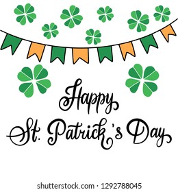 Flat style. Green and red Handwritten lettering Happy St. Patrick's Day on white background for greeting card, poster, invitation to irish party with design element, clover for luck. Vector epS10