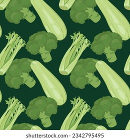 Flat style green vegetables. pattern vector. Broccoli, zucchini and a bunch of celery leaves on a green background. Healthy ripe agricultural vegetables suitable for detox, vitamin smoothie.