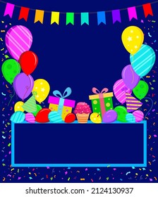 Flat style greeting card. background navy blue with balloons and confetti. Vector illustration