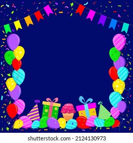 Flat style greeting card. background navy blue with balloons and confetti. Vector illustration