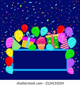 Flat style greeting card. background navy blue with balloons and confetti. Vector illustration