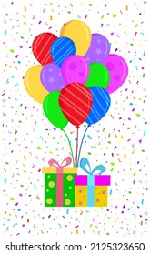 Tarjeta de felicitación de estilo plano. Fondo blanco con globos y confeti. ilustración vectorial