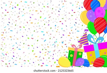 Flat style greeting card. Background white with balloons and confetti. vector illustration