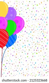 Tarjeta de felicitación de estilo plano. Fondo blanco con globos y confeti. ilustración vectorial