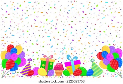 Grußkarte im Flachstil. Hintergrund weiß mit Ballons und Konfetti. Vektorgrafik
