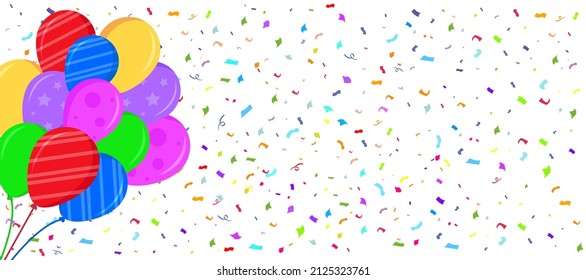 Flat style greeting card. Background white with balloons and confetti. vector illustration