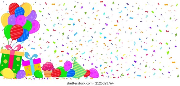 Grußkarte im Flachstil. Hintergrund weiß mit Ballons und Konfetti. Vektorgrafik