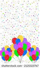 Flat style greeting card. Background white with balloons and confetti. vector illustration