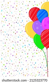 Flat style greeting card. Background white with balloons and confetti. vector illustration