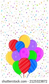 Tarjeta de felicitación de estilo plano. Fondo blanco con globos y confeti. ilustración vectorial