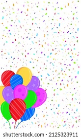 Flat style greeting card. Background white with balloons and confetti. vector illustration