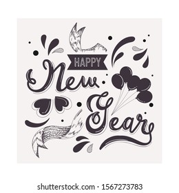 Flaches Grußkartendesign mit Kalligrafie von Happy New Year, Herzen und Ballons auf weißem Hintergrund.