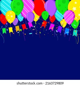 Flat Style Greeting Card. Navy Blue Background With Balloons And Confetti. Vector Illustration