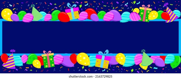 Flat Style Greeting Card. Navy Blue Background With Balloons And Confetti. Vector Illustration