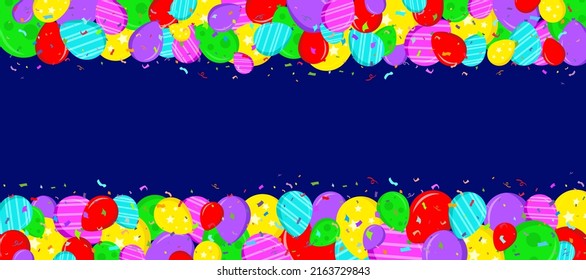 Flat Style Greeting Card. Navy Blue Background With Balloons And Confetti. Vector Illustration