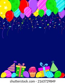 Flat Style Greeting Card. Navy Blue Background With Balloons And Confetti. Vector Illustration