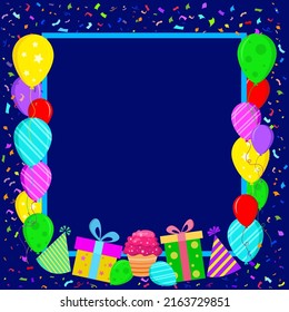 Flat Style Greeting Card. Navy Blue Background With Balloons And Confetti. Vector Illustration