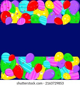 Flat Style Greeting Card. Navy Blue Background With Balloons And Confetti. Vector Illustration