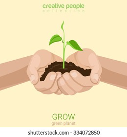 Flat style grow business concept web infographics vector illustration. Growing plant in hands handful soil. Creative people collection.