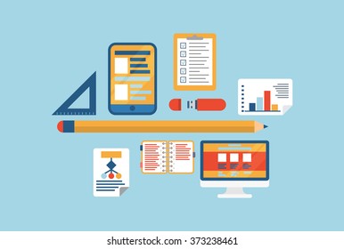 Flat style GUI UI UX responsive graphical user interface prototyping creation vector illustration web collage. Tablet desktop computer algorithm usability report pencil ruler checklist icons.