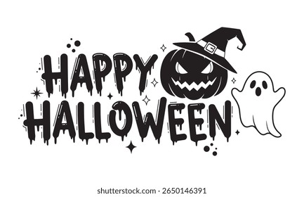 Ilustração de Halloween de estilo plano com abóbora assustadora e texto grande