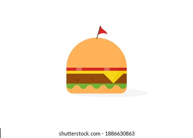 Hamburguesa de estilo plano con plantilla de diseño de ilustración de bandera aislada en blanco, adecuada para el logotipo del restaurante etc