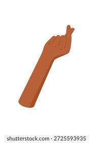 Flache Hand, die einen Heart-Gesten-Aufkleber erstellt. Multikulturelles Konzept, das Liebe und Einheit mit erhobenem Fingerzeichen symbolisiert. Minimale Design-Metapher für Hoffnung, Unterstützung und Inklusivität in kreativen