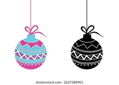 Flat Style Hand Drawn Hanging Christmas Decorative Balls Isolated on White Background. Silhouette Black Magenta, Blue and Purple Colors Christmas Balls with Ribbon Bows New Year and Holiday Icons Set.