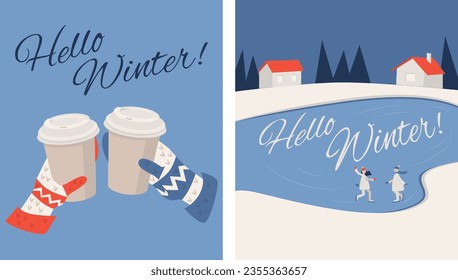 Flat Style Hand Drawn Illustrations, Hands In Mittens holding coffee, and Winter Scene on a skating rink. Vector Illustration Set Ideal for Greeting Cards, Invitations and Posters.