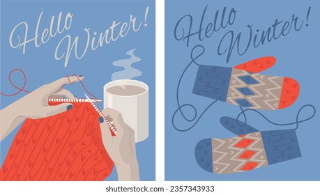 Flat Style Hand Drawn Illustrations, Hands Knitting Scarf Next To Hot  Coffee, and Nordic Knitted Mittens. Vector Illustration Set Ideal for Greeting Cards, Invitations and Posters.