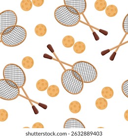 Flat style hand drawn vector seamless pattern featuring tennis rackets and balls on a white background, perfect for sports themed designs.