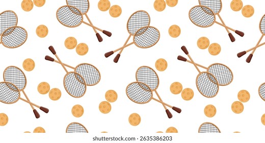 Flat style hand drawn vector horizontal pattern featuring tennis rackets and balls on a white background, perfect for sports themed designs.