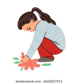 Vector dibujado a mano de estilo plano de una niña pequeña agachada y dibujando una flor colorida en el suelo con tiza, aislada en blanco.