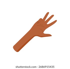 Gesto de mano de estilo plano con cuatro dedos en la etiqueta engomada. Palma humana desnuda que muestra el número cuatro a través de los dedos levantados. Posición de la mano aislada para matemáticas, educación y conceptos básicos de signos.