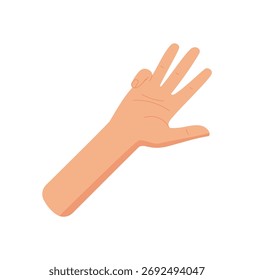 Gesto de mano de estilo plano con cuatro dedos levantados. Palma desnuda en una posición de conteo que muestra el número cuatro. Gráfico minimalista ideal para matemáticas, educación y conceptos básicos de signos.